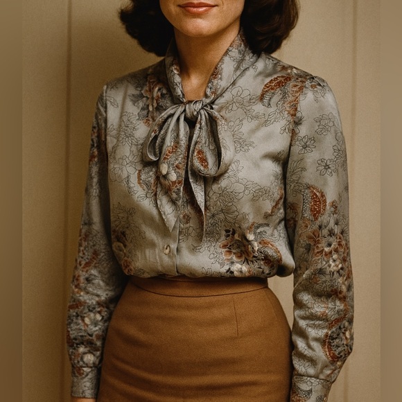 Vintage blouse floral paisley button-down shirt tie neck small Stuart Lang - Picture 12 of 12